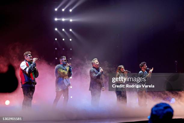 Mauricio Montaner and Ricky Montaner of Mau y Ricky, Ricardo Montaner, Evaluna Montaner, and Camilo perform onstage during Univision's 33rd Edition...