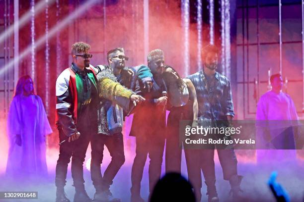 Mauricio Montaner and Ricky Montaner of Mau y Ricky, Ricardo Montaner, Evaluna Montaner, and Camilo perform onstage during Univision's 33rd Edition...