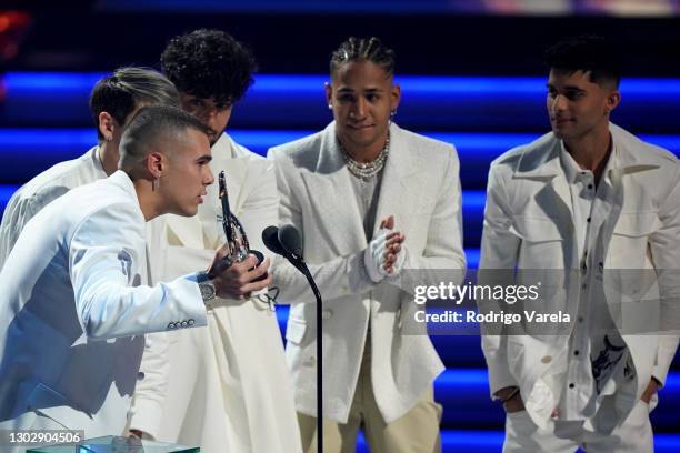 Zabdiel De Jesús, Christopher Vélez, Joel Pimentel, Richard Camacho, and Erick Brian Colón of CNCO accept the award for Pop Group or Duo Of The Year...