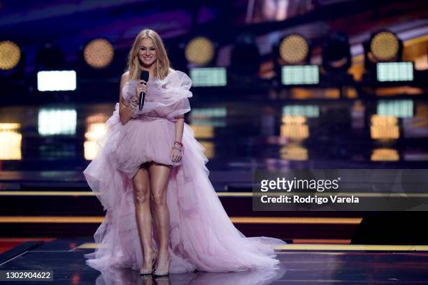 Paulina Rubio speaks onstage during Univision's 33rd Edition of Premio Lo Nuestro a la Música Latina at AmericanAirlines Arena on February 18, 2021...