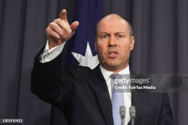 Federal Treasurer Josh Frydenberg holds a press conference at Parliament House in Canberra after Facebook banned publishers and users in Australia...