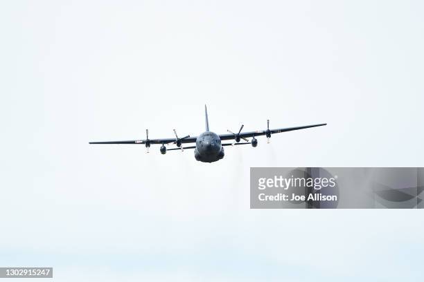 New Zealand Air Force Hercules does a flyover ahead of the Super Rugby Aotearoa pre-season match between the Highlanders and the Hurricanes at...