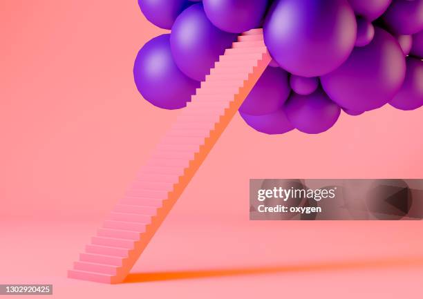 pink stairs to goup spheres clouds purple background 3d render - salire le scale foto e immagini stock