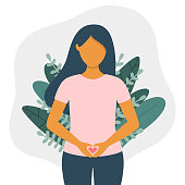 Woman with heart shaped hands on belly flat vector illustration isolated on white background. Woman's abdomen health concept.