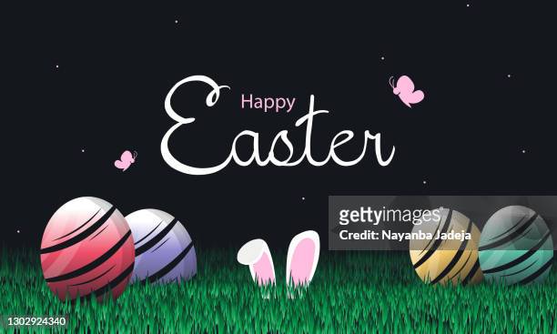 easter bunny ears with easter eggs on grass vector stock illustration - easter bunny costume stock illustrations