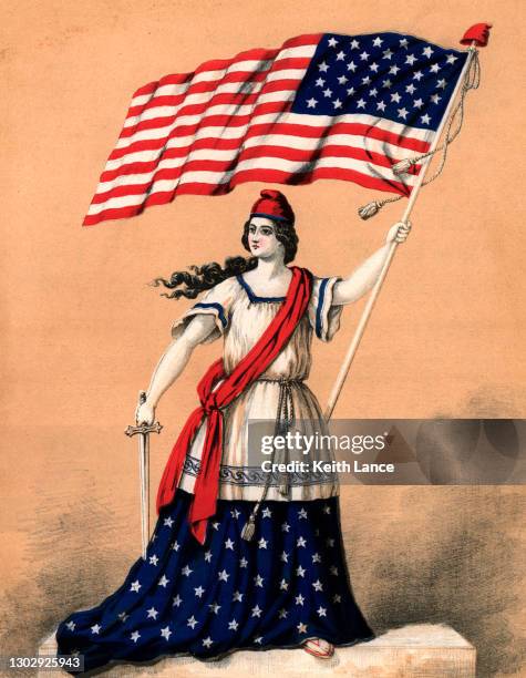 columbia with the american flag - fighting stance stock illustrations