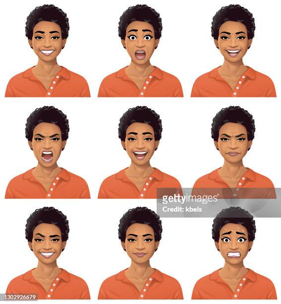 illustrazioni stock, clip art, cartoni animati e icone di tendenza di ritratto di giovane donna afroamericana - emozioni - popolo di discendenza africana