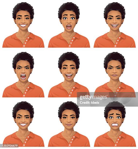 ilustrações, clipart, desenhos animados e ícones de retrato de jovem afro-americana - emoções - expressão facial