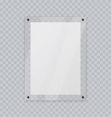 Acrylic glass frame, plastic frame for poster of photo, realistic mockup isolated hanging on transparent wall. White blank paper banner on plexiglass display, 3d vector illustration.