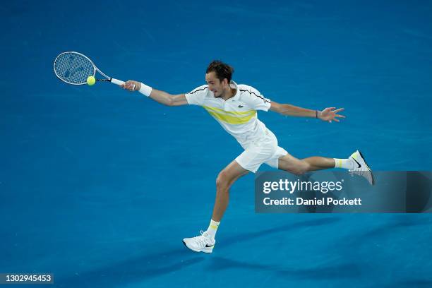 Daniil Medvedev of Russia plays a forehand in his Men's Singles Semifinals match against Stefanos Tsitsipas of Greece during day 12 of the 2021...