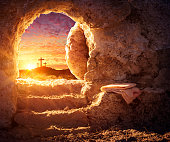 Empty Tomb With Crucifixion At Sunrise - Resurrection Concept