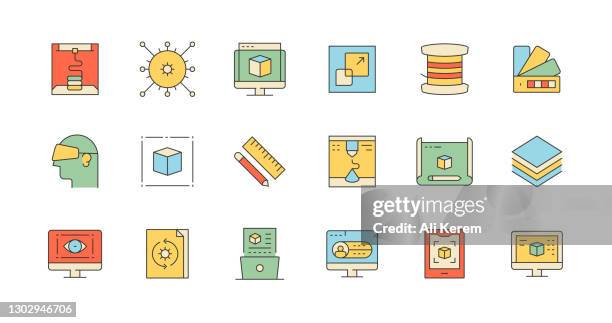 printing, modeling, 3d printer, scanner, programming icons - 3d printer close up stock illustrations