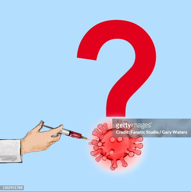 doctor injecting coronavirus which forms the dot on a question mark - pandémie stock illustrations