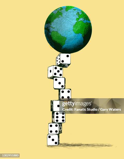 illustrazioni stock, clip art, cartoni animati e icone di tendenza di planet earth balanced on top of a column of dice - gary balance