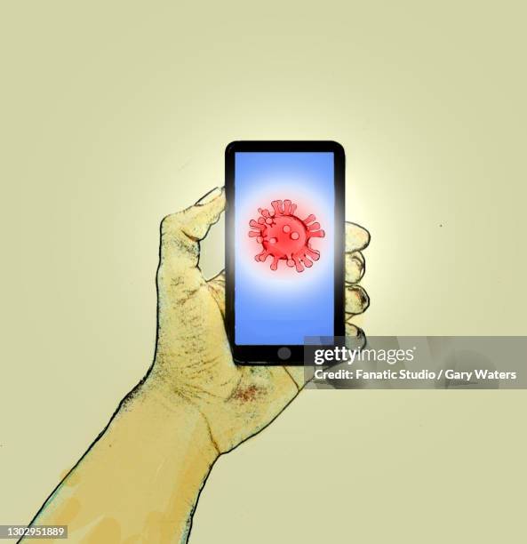 stockillustraties, clipart, cartoons en iconen met hand holding phone with image of coronavirus - pandemia