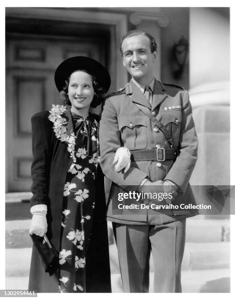 Indian Actress Merle Oberon as ‘Helen Drummond’ and British Actor David Niven as ‘Gerald Preston’ in a scene from the movie 'Beloved Enemy' United...