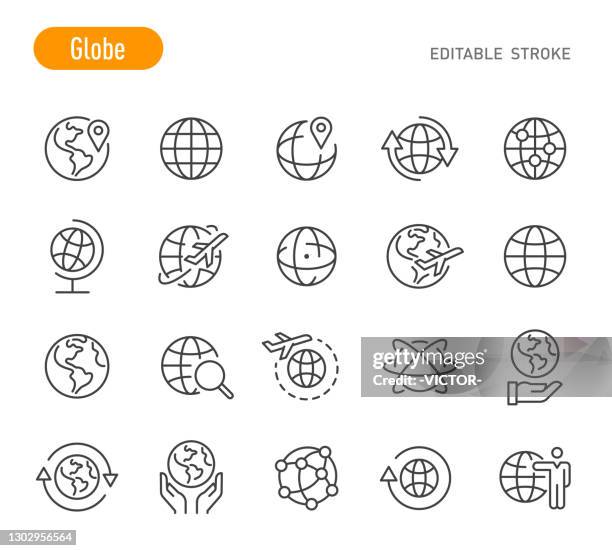 ilustraciones, imágenes clip art, dibujos animados e iconos de stock de conjunto de iconos del globo - serie de líneas - trazo editable - tierra