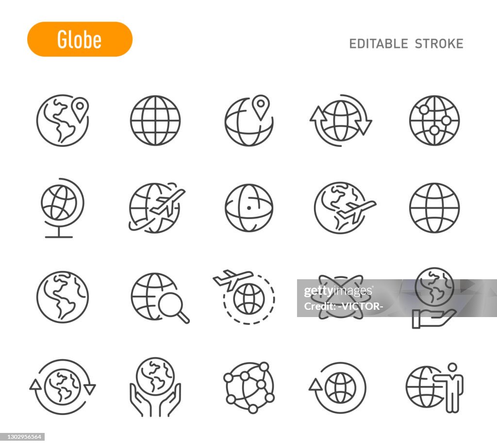 Globe Icons Set - Line Series - Editable Stroke