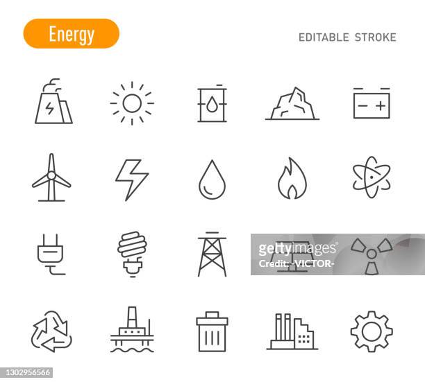 illustrazioni stock, clip art, cartoni animati e icone di tendenza di icone energetiche - serie linea - tratto modificabile - industria energetica