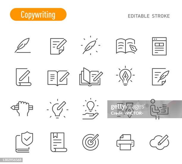 ilustraciones, imágenes clip art, dibujos animados e iconos de stock de conjunto de iconos de escritura de copia - serie de líneas - trazo editable - article