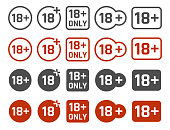 18 plus years old icon set, adults content signs