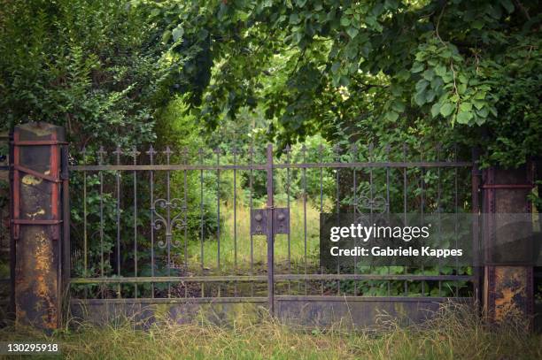 very old closed rusty garden gate - rustic garden gates stock pictures, royalty-free photos & images
