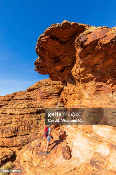 female hiker standing under eroded wall in kings canyon - kings canyon australia stockfoto's en -beelden