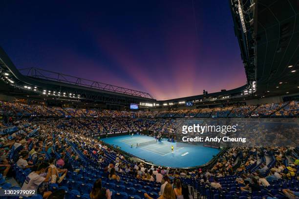 General view of Rod Laver Arena while Stefanos Tsitsipas of Greece serves in his Men's Singles Semifinals match against Daniil Medvedev of Russia...