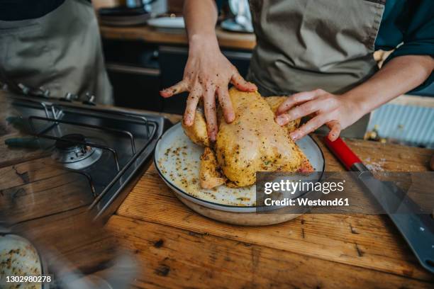 chef marinating chicken meat while standing by colleague in kitchen - marinated stock pictures, royalty-free photos & images