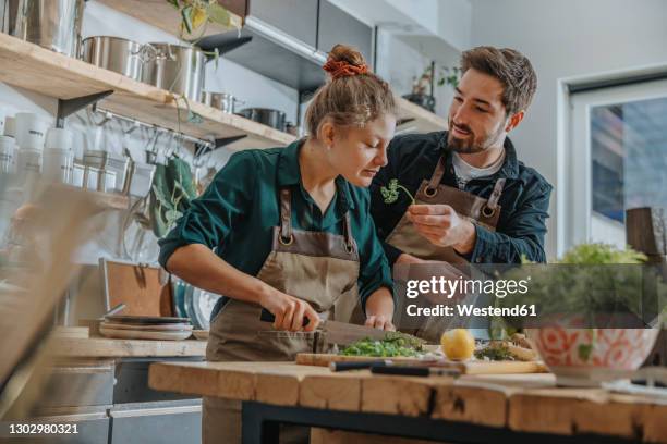 young chef smelling parsley while cutting scallions standing by colleague on kitchen island - chef smelling food stockfoto's en -beelden