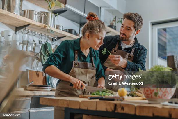 young chef smelling parsley while cutting scallions standing by colleague on kitchen island - chopping vegetables stock pictures, royalty-free photos & images