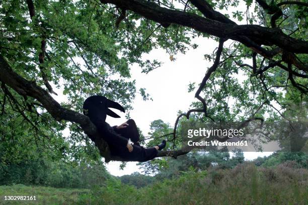 woman in bird costume lying on tree branch - bird on a tree stock-fotos und bilder
