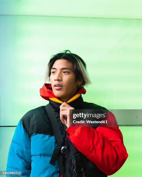 thoughtful male hipster against green wall - padded jacket stockfoto's en -beelden