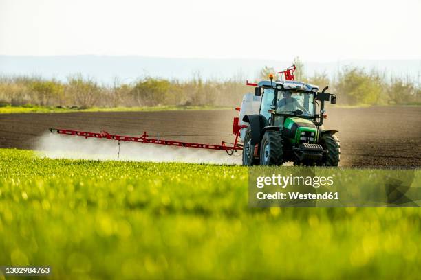 farmer spraying fertilizer on crop in farm - crop sprayer imagens e fotografias de stock