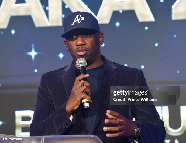 Chaka Zulu attends Black Music and Entertainment Walk Of Fame Nominees Announcement Cocktail Party on February 18, 2021 in Atlanta, Georgia.