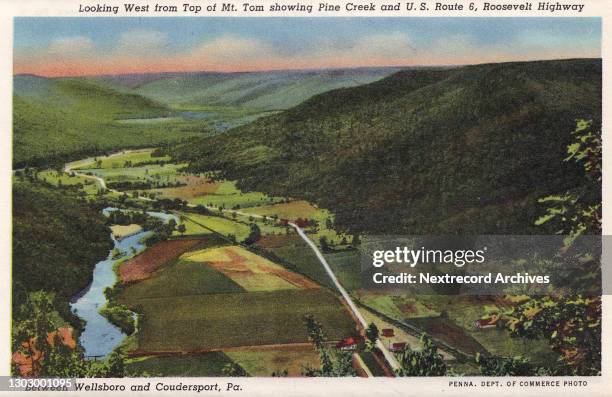 Vintage souvenir linen postcard published circa 1945 in the series, 'Pennsylvania Souvenir Views,' depicting an aerial view from the top of Mount Tam...