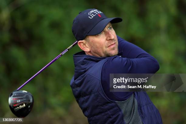 Vaughn Taylor of the United States plays his shot from the 13th tee during the second round of The Genesis Invitational at Riviera Country Club on...
