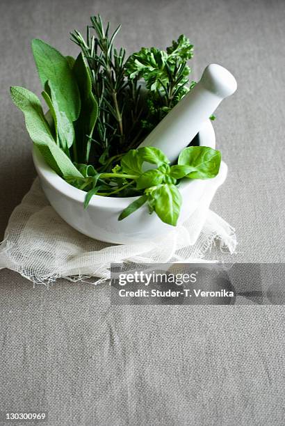 herbs - mortar and pestle photos et images de collection