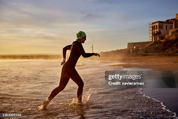 early 50s female triathlete striding out of water at dawn - triathlon swim stock pictures, royalty-free photos & images