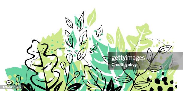 hand drawn spring leaves border background - lush stock illustrations