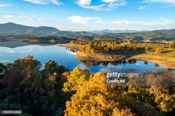 reservoir of gabriel y galán from the walled town of granadilla (cáceres) - caceres stock pictures, royalty-free photos & images