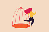 Woman character escaping from the cage. Female steps out of prison. Girl getting out of a tight space. Concept of freedom, mental health issues, rehabilitation, taking new opportunities and chalenges.