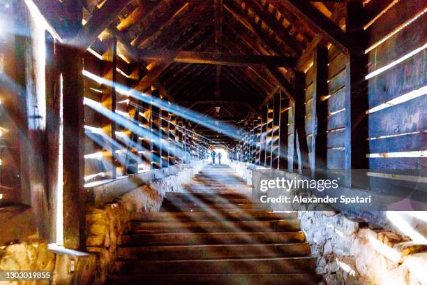 sunlight shining through scholars' steps in sighisoara, romania - mures stock pictures, royalty-free photos & images