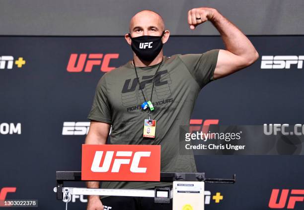 Aleksei Oleinik of Russia poses on the scale during the UFC weigh-in at UFC APEX on February 19, 2021 in Las Vegas, Nevada.
