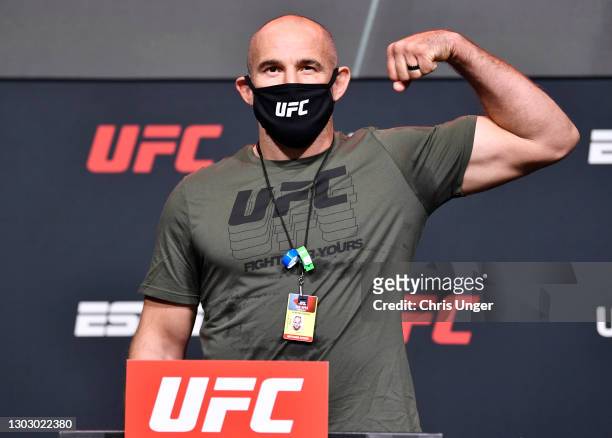 Aleksei Oleinik of Russia poses on the scale during the UFC weigh-in at UFC APEX on February 19, 2021 in Las Vegas, Nevada.