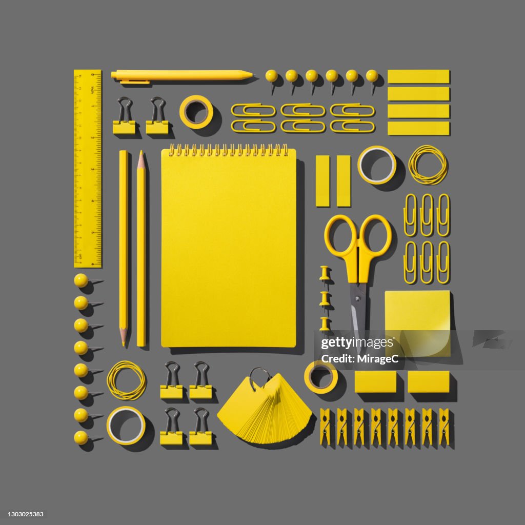 Yellow Stationery Collection Knolling on Gray