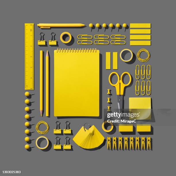 yellow stationery collection knolling on gray - caneta esferográfica imagens e fotografias de stock