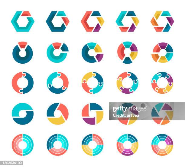 bunte tortendiagramm-sammlung mit 2,3,4,5,6 abschnitten oder schritten. - 5 segment infographics vector stock-grafiken, -clipart, -cartoons und -symbole