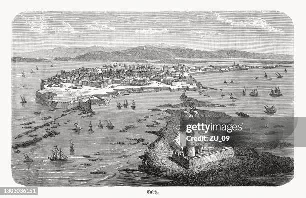 historical view of cádiz, andalusia, spain, wood engraving, published 1893 - beach spain stock illustrations