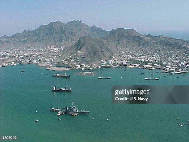 An aerial view of the port of Aden, Yemen October 15 and the industrial harbor where the bomb stricken U.S. Navy guided missile destroyer USS Cole is...